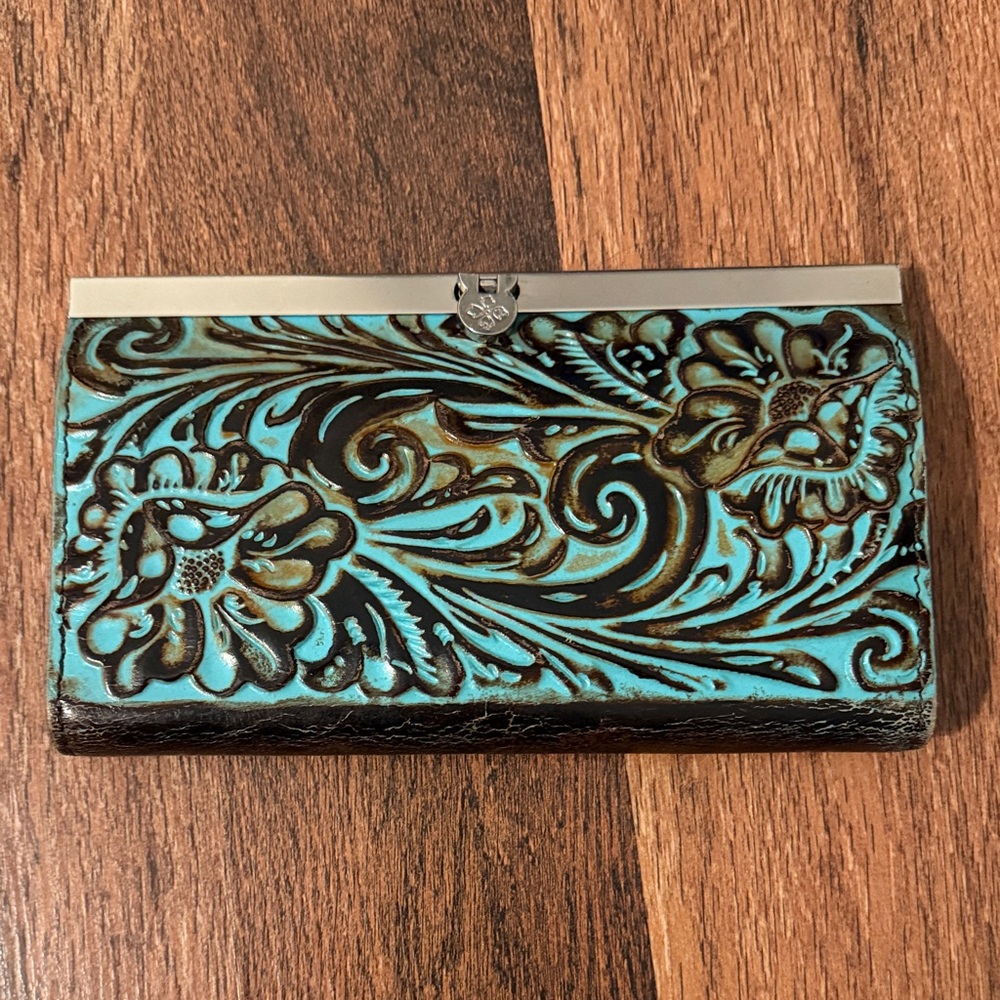 Patricia Nash Cauchy Tooled Turquoise & Brown Leather Wallet